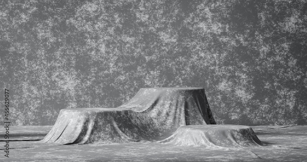 Aufkleber Abstract fabric concrete product background and empty minimal modern presentation of stone wall or podium pedestal display platform template wallpaper backdrops with interior blank stand. 3D render.