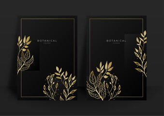 Abstract black and gold elegant background with floral leaves lines.
