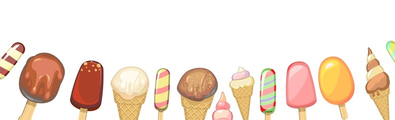 Ice cream bottom border. Pretty Background illustration. In waffle glasses and cones. Popsicle on sticks. Summer food sweet dessert. Flat design. Vector.