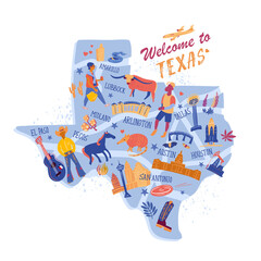 Texas map with landmarks icons set. Traditional symbols, people and buildings animals flowers full color vector illustration.