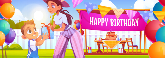 Child birthday celebration. Little boy receive gift from mother on house yard with festive decoration, cake and presents in gazebo with garlands and balloons. Kids party, Cartoon vector illustration