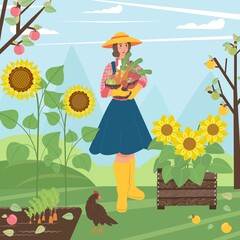 Fototapeta premium Flat People in the village. Woman with basket vegetables in her hands in village. Vector illustration. Rural landscape.