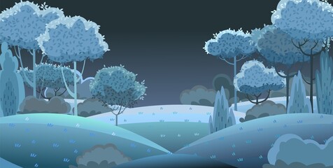 Silhouette night landscape. Beautiful scenic plant. Darkness. Leaves. Cartoon style. Hills with grass and trees. Dark. Cool romantic pretty. Flat design background illustration. Vector art © Ирина Мордвинкина