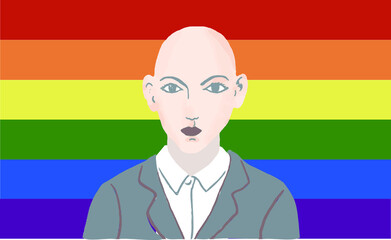 LGBTQ rainbow represents the right of the different sexes and gender identity. A lady-like bald person in a formal gray suit implicating acceptance by the wider society in the modern work environment. - obrazy, fototapety, plakaty
