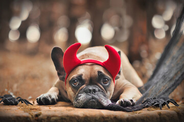 Halloween French Bulldog dog wearing red devil horn costume headband