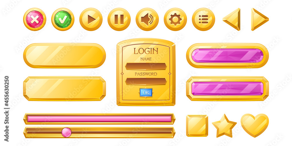 Poster golden buttons for user interface design in game, video player or website. vector cartoon set of gol