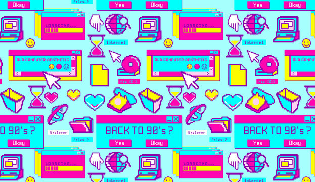 Nostalgia desktop wallpaper .
Old computer aesthetic illustration, 
retrowave style desktop. Colorful 
user interface. Vibrant background.