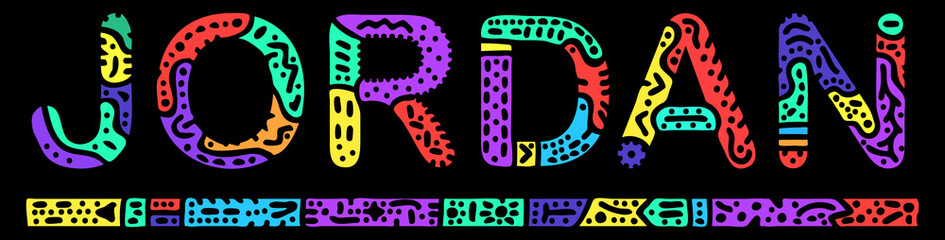 Jordan. Multicolored bright isolate inscription. Colored curves decorative doodle letters. Jordan for print, clothing, t-shirt, souvenir, booklet, banner, flyer, advertising. Stock vector picture.
