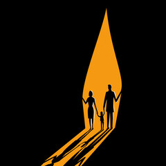 A married couple with a child goes out  to the light. Vector illustration