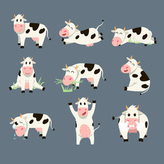 Set of funny spotted cow on grey background. Cartoon vector illustration. Drawing of smiling, crying, angry, sitting farm animal character in various poses. Animal, nature, farming, humor concept