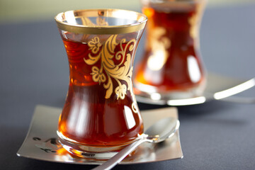Turkish traditional tea, hot drink. Black tea.