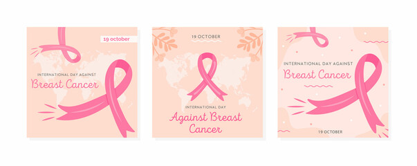 Set of vector cards for International Day Against Breast Cancer. Collection of square banner templates for mammary cancer campaign with pink cartoon ribbons and world map on background. Illustration.