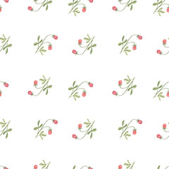Watercolor seamless multidirectional pattern with strawberry bushes on a white background
