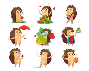Cute hedgehog cartoon character vector illustrations set. Funny wild animal with spikes sleeping, reading book, playing with leaves, eating apple isolated on white background. Nature, wildlife concept