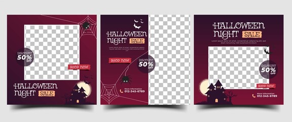 Halloween sale social media post template design collection. Modern square promotion banner with place for the photo.
