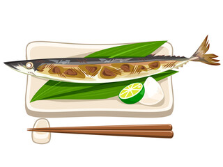 焼きさんま（皿とお箸） 秋の味覚 秋の風物詩アイコン/イラスト素材