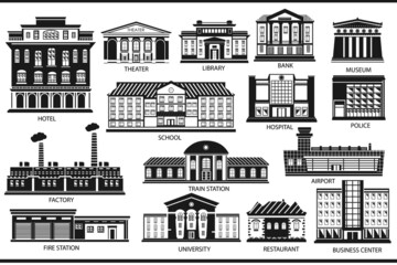 Naklejka premium Set of city buildings in black and white. Icons of the museum, school, factory, theater and other buildings.