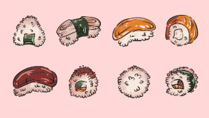 Pixel art icons japanese kawaii sushi roll. Illustration asian food: Japanese, Korean, China cuisine