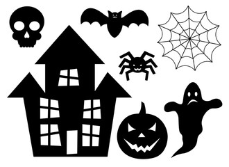 Halloween silhouettes vector illustration. Spooky spider pumpkin bat