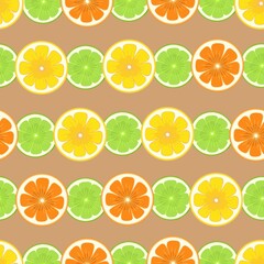 Vector seamless pattern with different slice citruses: grapefruit, lemon, lime, orange.