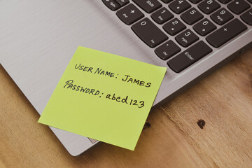 Person username and a weak choice of password handwritten in sticky note on laptop keyboard. Time...