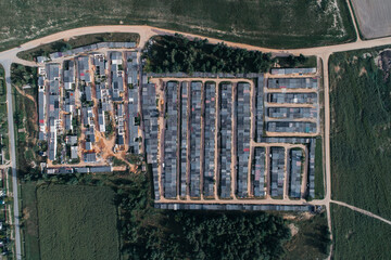 Garages for cars, taken from above by a quadrocopter