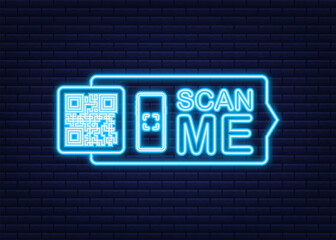 QR code for smartphone. Inscription scan me with smartphone icon. Qr code for payment. Neon icon. Vector illustration.