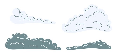 Simple color vector illustration. Cumulus clouds of various shapes. Element of nature, storm, seasonal weather, sky and air.