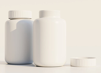 Blank pharmacy plastic bottles. White empty medicine containers. 3D rendering illustration. 
