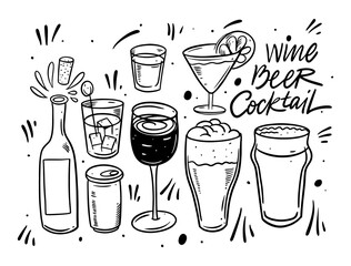 Hand drawn black color cocktails glass set. Doodle vector illustration.