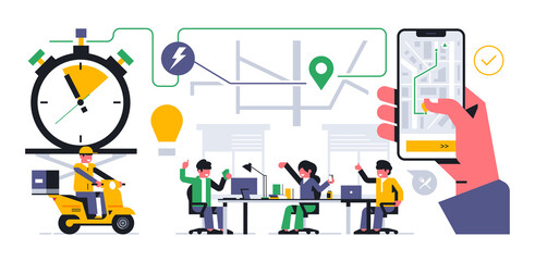 Online food delivery service to your home. Office workers made an order for food delivery. Tracking your order through a mobile application. Phone, app, hand, map, street, scooter.Vector illustration