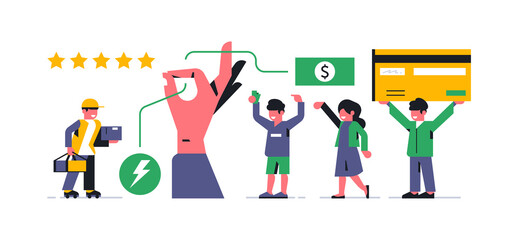 Online food delivery service to your home. Office workers, man, woman, roller courier, hand, ok symbol, route, five stars review, money, lightning, bank card, sign Vector illustration