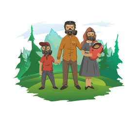 Naklejka premium A family with children is standing in gas masks in nature. A concept on the topic of air pollution, environmental protection. Vector illustration, isolated on white.