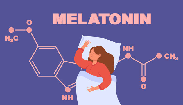 Isolated drawing of girl sleeping and melatonin chemical formula. Hormone growth during sleep flat vector illustration. Health, medicine concept for banner, website design or landing web page