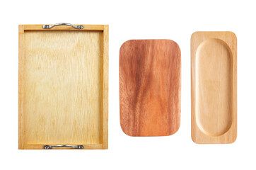 Group of wooden tray on white background