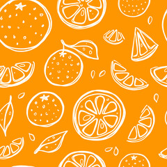 Seamless pattern with oranges. Ink hand drawn vector illustration. Can be used for wrapping paper, street festival, farmers market, shop, menu, cafe, restaurant