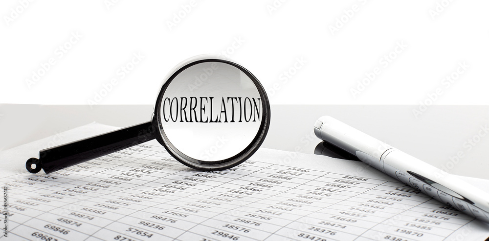 Poster magnifying glass with text correlation on the background with pen