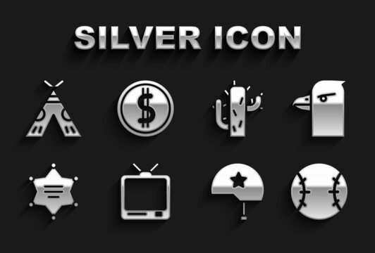 Set Retro tv, Eagle head, Baseball ball, Military helmet, Hexagram sheriff, Cactus, Indian teepee or wigwam and Coin money with dollar icon. Vector