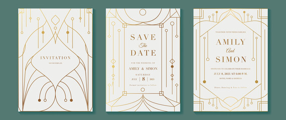Art deco wedding invitation card vector. Luxury classic antique cards design for VIP invite, Gatsby invitation gold, Fancy party event, Save the date card and Thank you card. Vector illustration.
