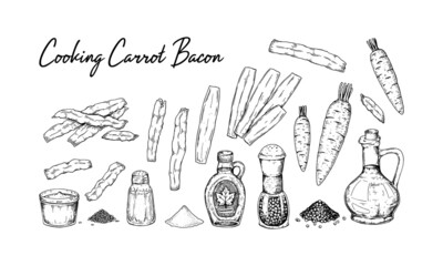 Set of hand drawn ingredients for cooking carrot bacon at home. Vector illustration in sketch style