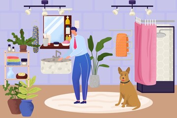 Bathroom interior with man character, vector illustration. Young person wash hands, modern room design for clean hygiene care, morning routine