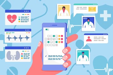 Online smartphone medical app for book doctor, vector illustration, medicine technology application for hospital communication.