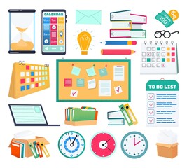 Isolated business object set collection, vector illustration, collection design with office element, pencil, pen, paper document and computer.