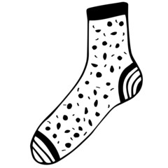 One cute cotton sock with a polka dot pattern, doodle. Winter and autumn shoes. Vector illustration of a flat design, black outline.