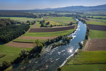 Aerial panoramic view of river Krka valley between Kostanjevica and Sentjernej, Lower Carniola, Slovenia