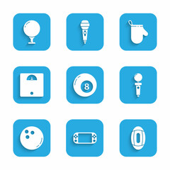 Set Billiard pool snooker ball, Portable video game console, American Football, Joystick for arcade machine, Bowling, Bathroom scales, Oven glove and Golf tee icon. Vector