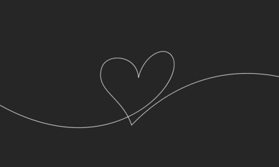 Heart continuous one line drawing, Black and white vector minimalist illustration of love concept made of one line, White line on black background