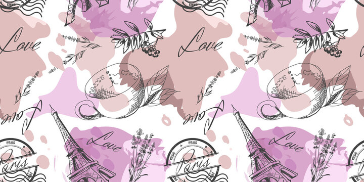 Seamless pattern with the symbols of France. Eiffel tower, coffee, lavender, love, print paris