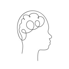 Head with brain continuous one line drawing, Asian non-binary face in profile Mental health concept, Vector graphics minimalist linear illustration made of single line