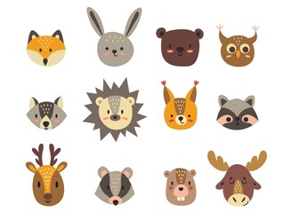 Cute hand drawn heads of forest animals. Raccoon, badger, elk, deer, owl, beaver, Fox, hare, bear, wolf, hedgehog, squirrel. White background, insulator. Vector illustration.	